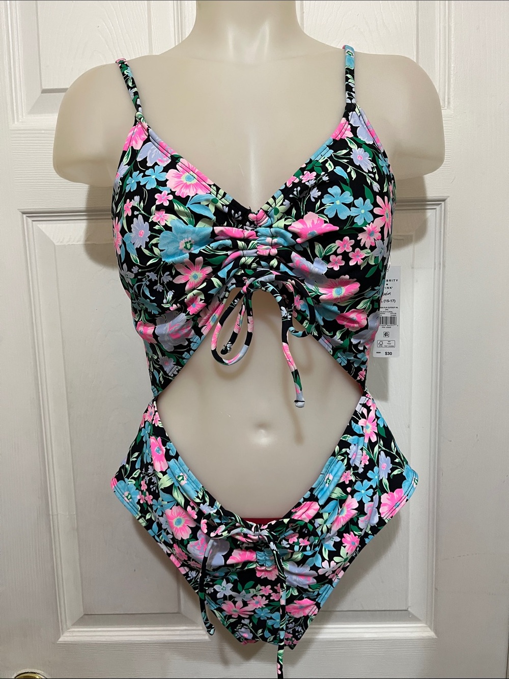 Celebrity Pink Black Floral Cutout One-Piece Swimsuit with Pink Lining